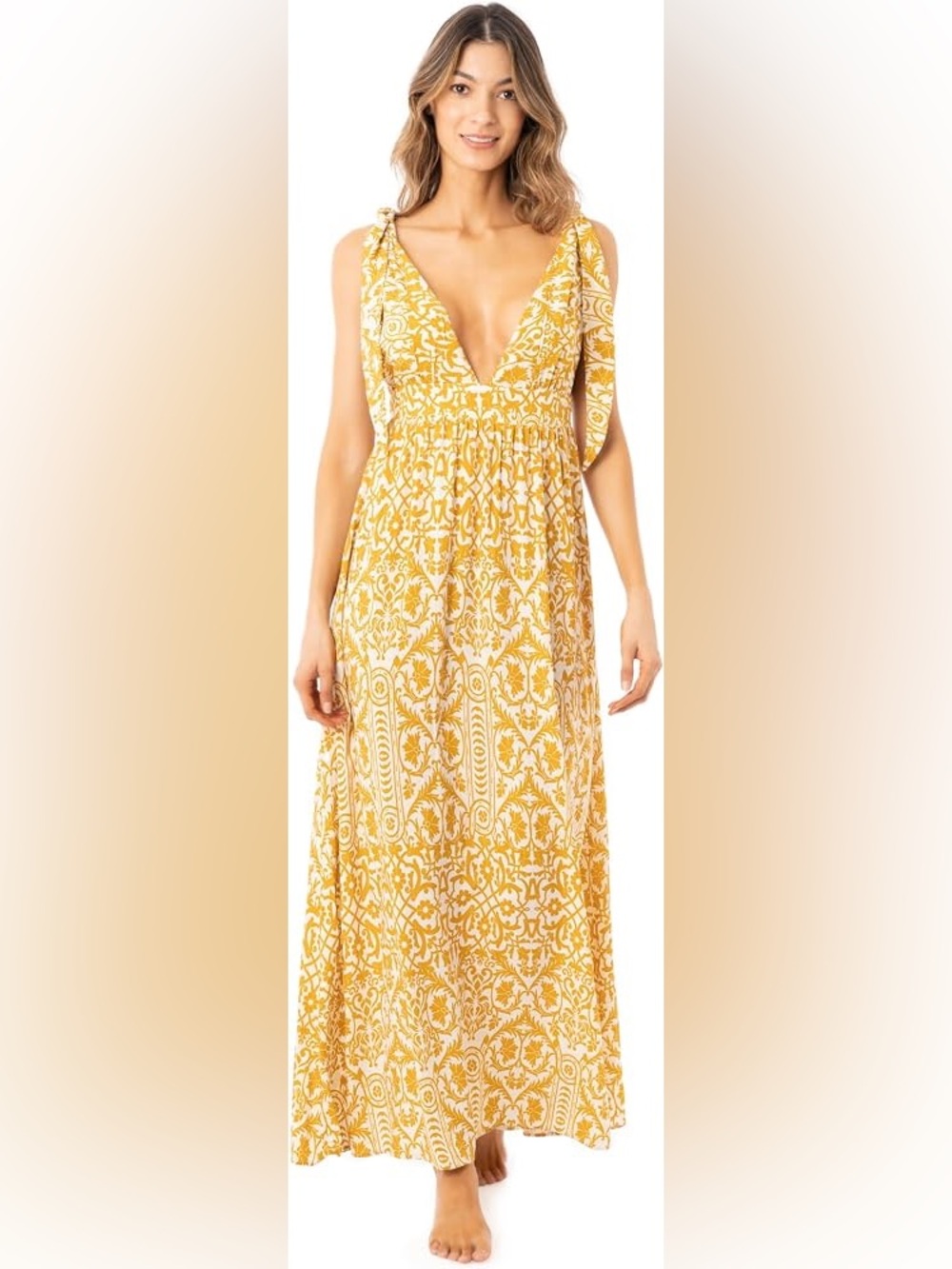 Maaji Amber Tribal Dalia White and Mustard Tie-Shoulder Maxi Dress